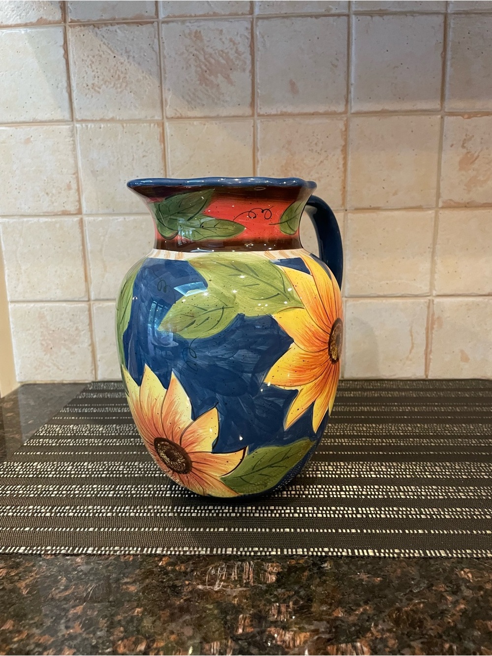 Jay Import Co. Vintage Stoneware Sunflower Pitcher, Cobalt Blue, Large Capacity - Picture 5 of 11
